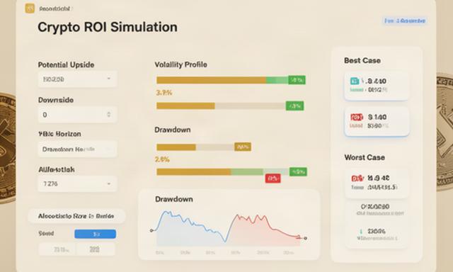ROI simulation interface showing upside and downside scenarios for crypto token positions with percentage bars